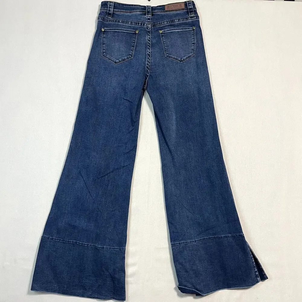 Rock & Roll Cowgirl High Rise Palazzo Flare‎ Jeans Dark Wash Slit Hem - Size 27